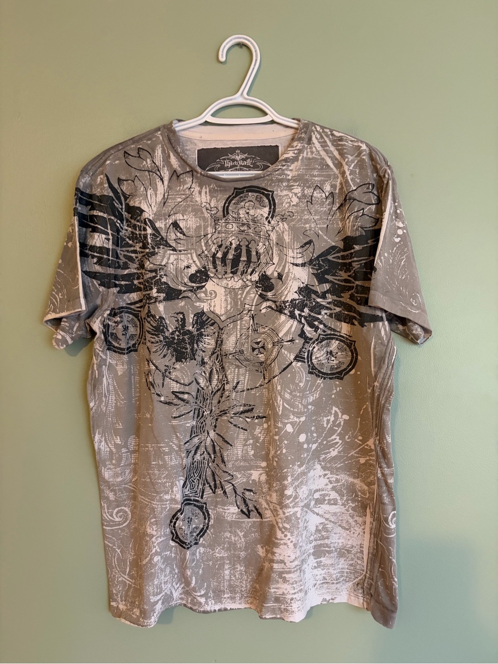 Vtg Third Rail Graphic Shirt Mens M Gray Y2K Affliction MMA Grunge Skater Tee